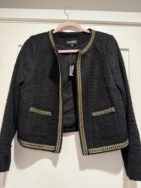 Express New Black Tweed Open-Front Jacket with Gold Chain Trim